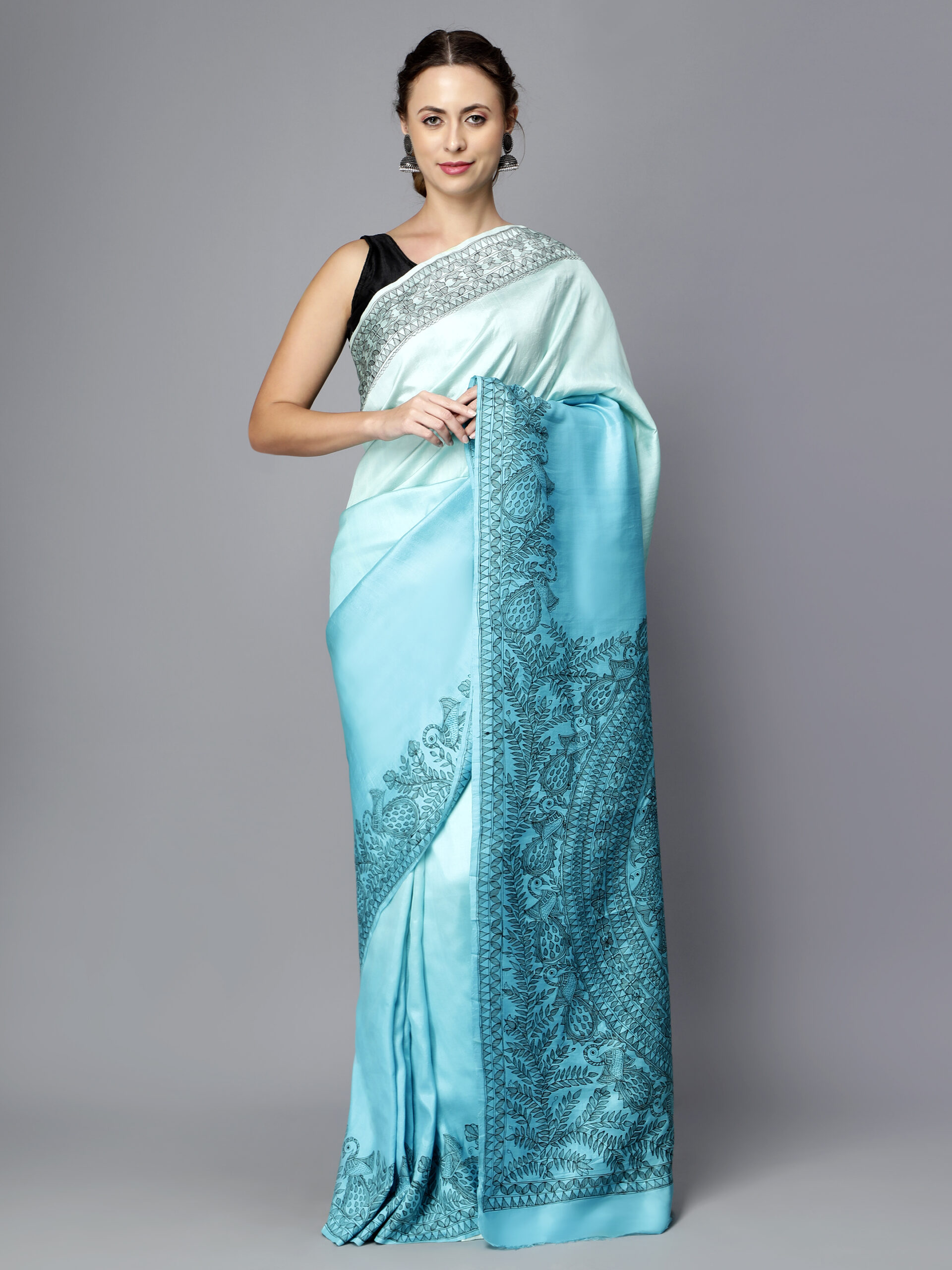 BLUE SHADED MADHUBANI WORK SILK SAREE