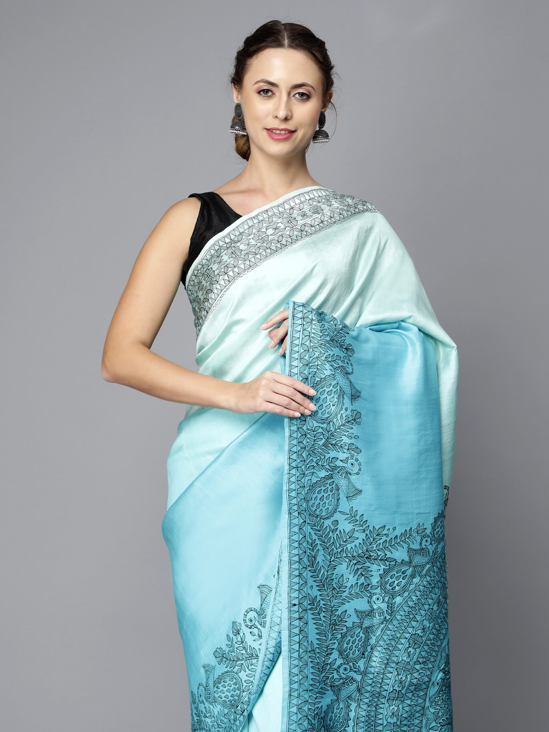 BLUE SHADED MADHUBANI WORK SILK SAREE - Image 3