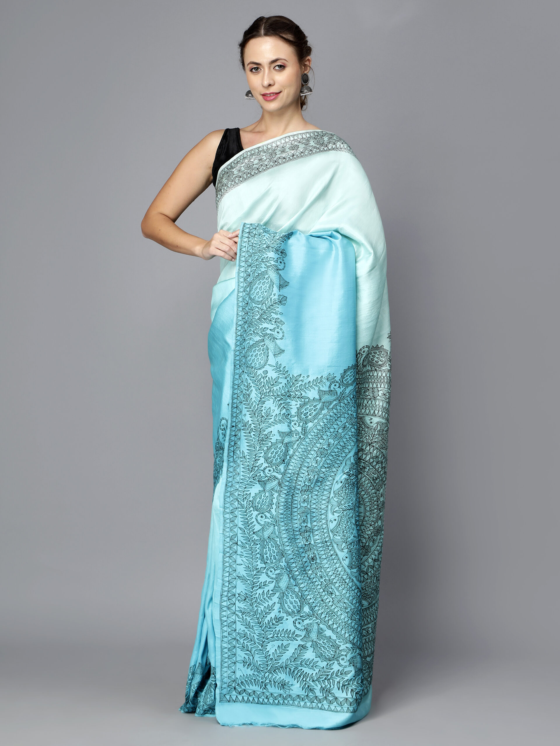 BLUE SHADED MADHUBANI WORK SILK SAREE - Image 4