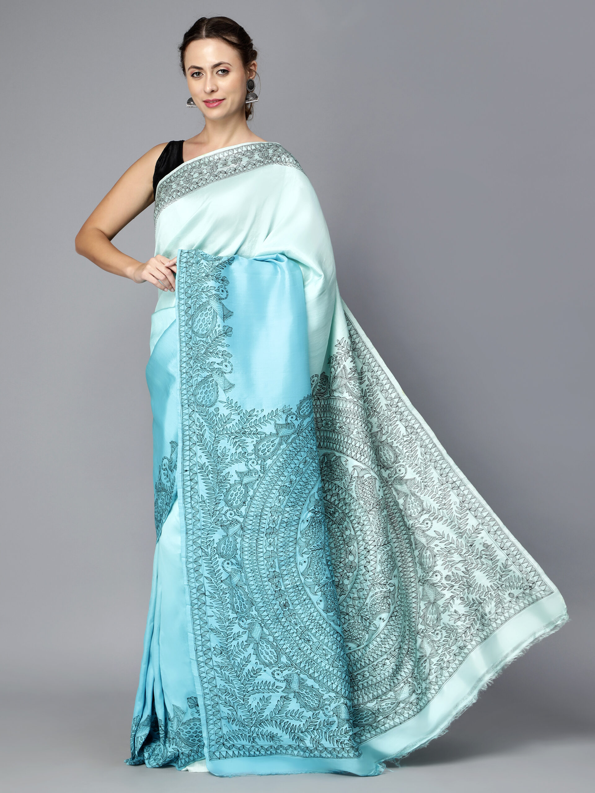 BLUE SHADED MADHUBANI WORK SILK SAREE - Image 5