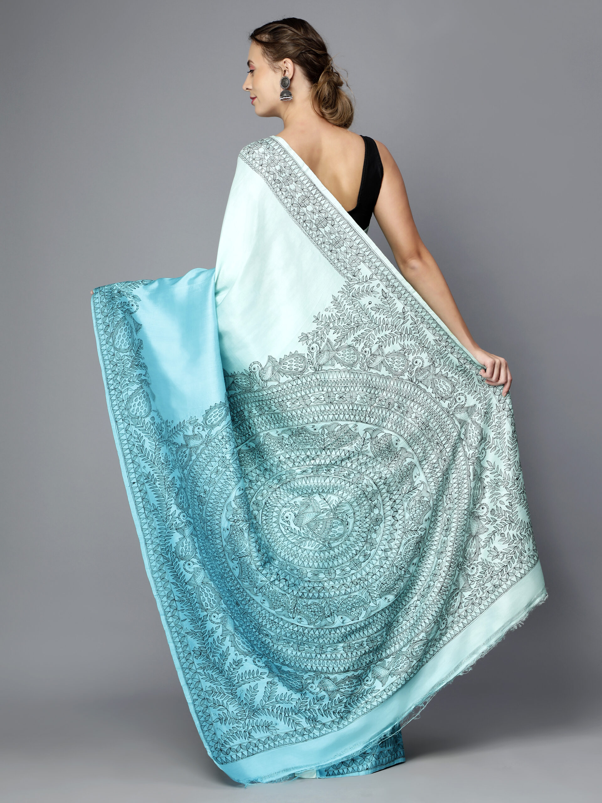 BLUE SHADED MADHUBANI WORK SILK SAREE - Image 6