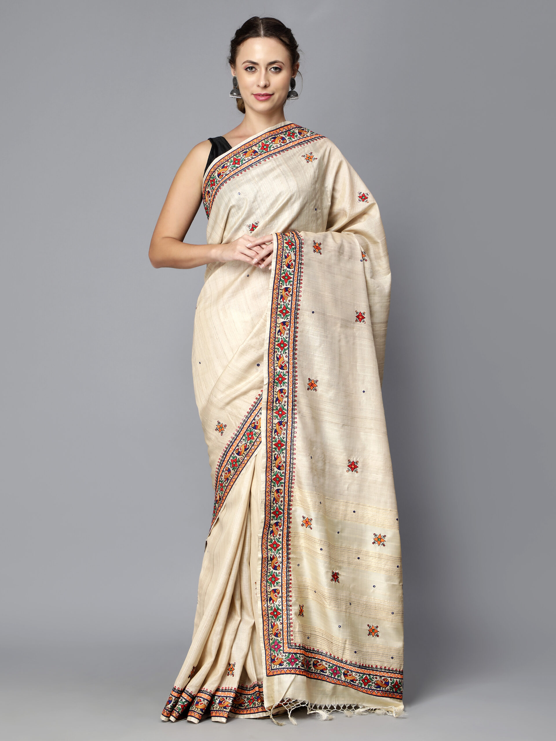 NATURAL COLOR THREAD AARI WORK MULTICOLOR SILK SAREE - Image 3