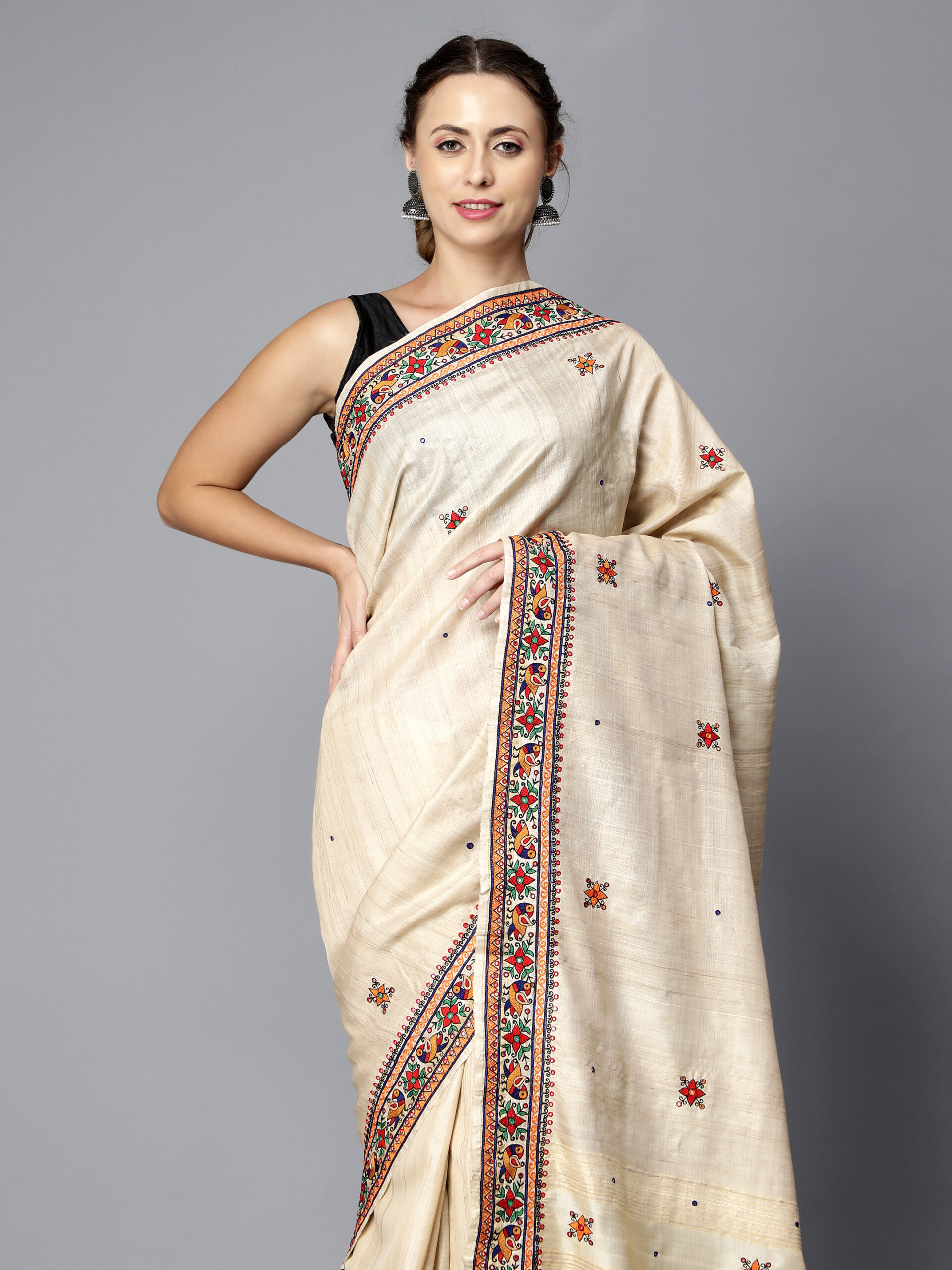 NATURAL COLOR THREAD AARI WORK MULTICOLOR SILK SAREE