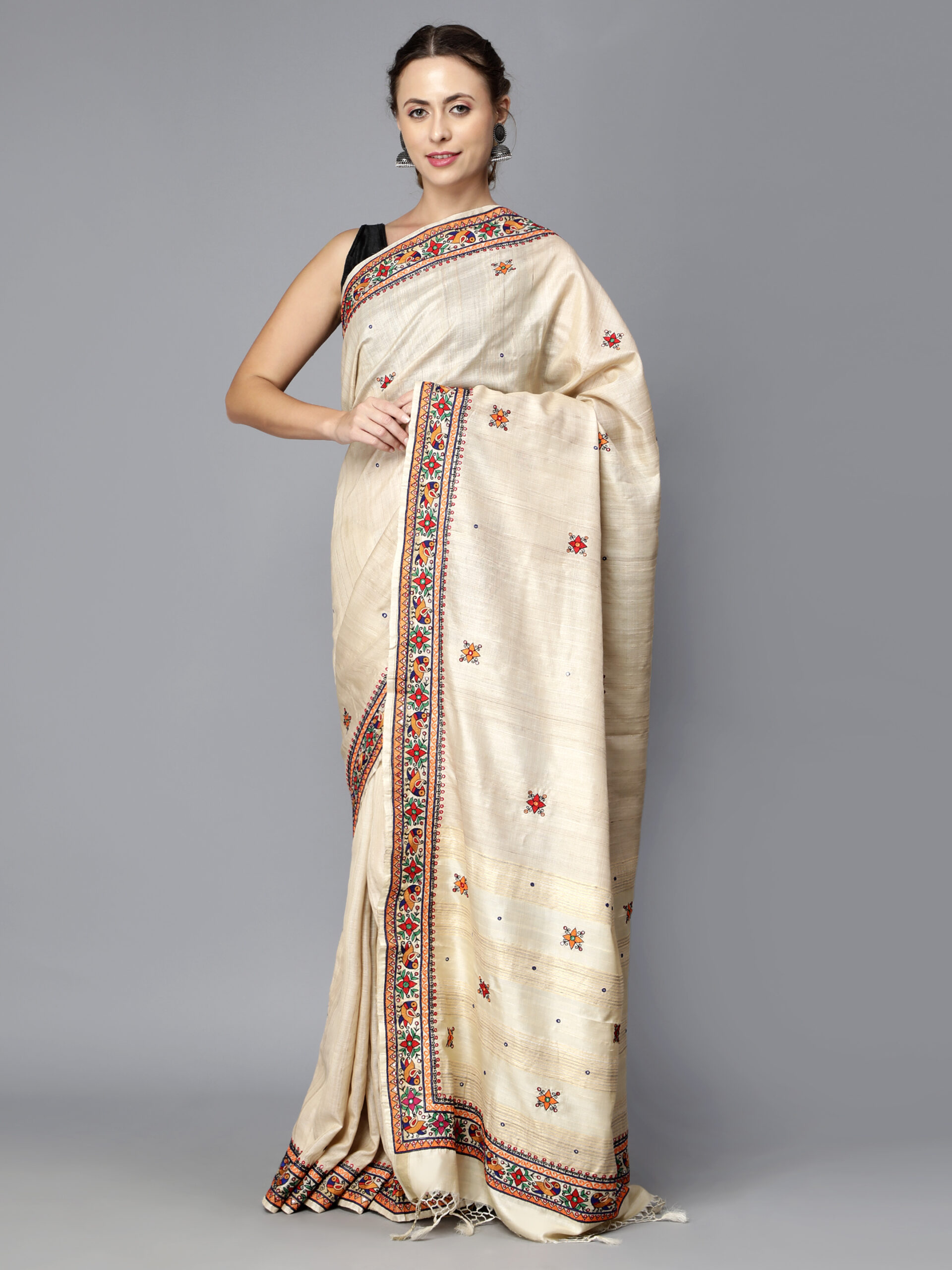 NATURAL COLOR THREAD AARI WORK MULTICOLOR SILK SAREE - Image 5