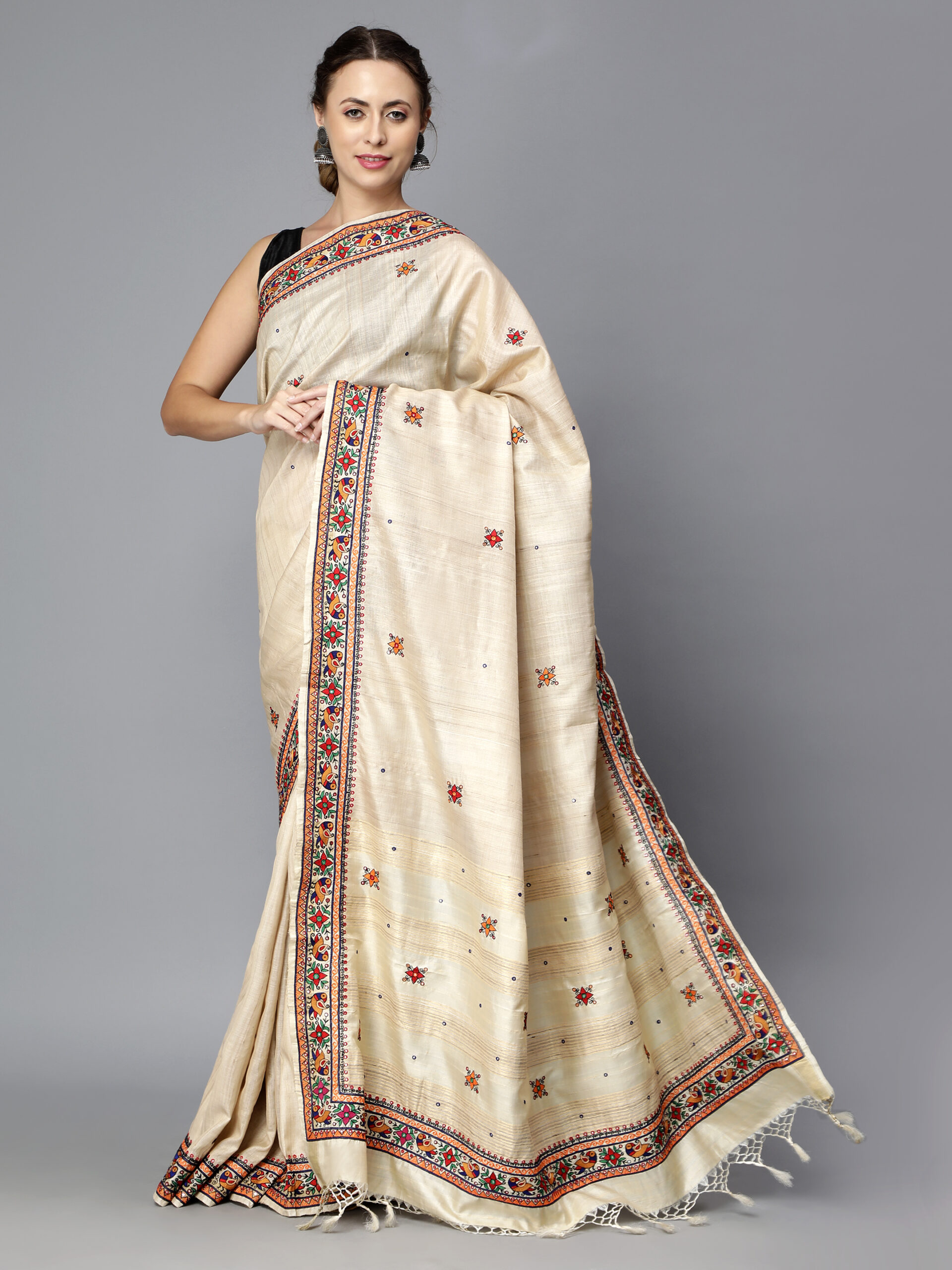 NATURAL COLOR THREAD AARI WORK MULTICOLOR SILK SAREE - Image 6