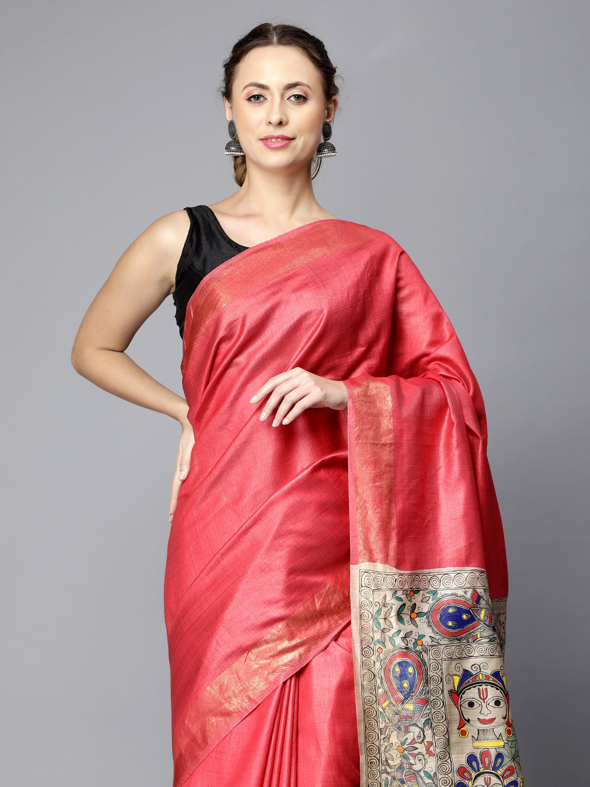 RED MADHUBANI PALLU SILK SAREE - Image 3
