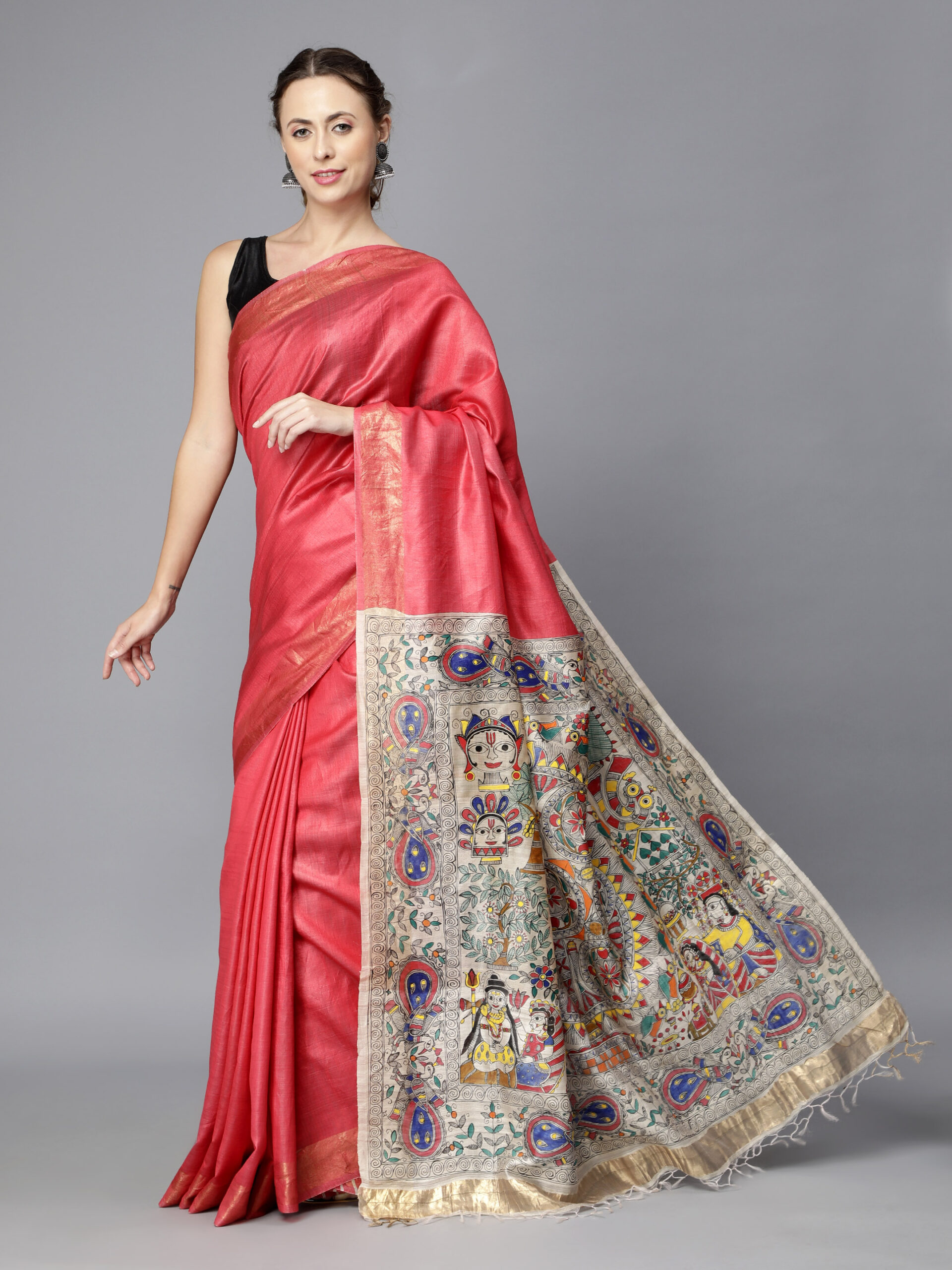 RED MADHUBANI PALLU SILK SAREE - Image 4