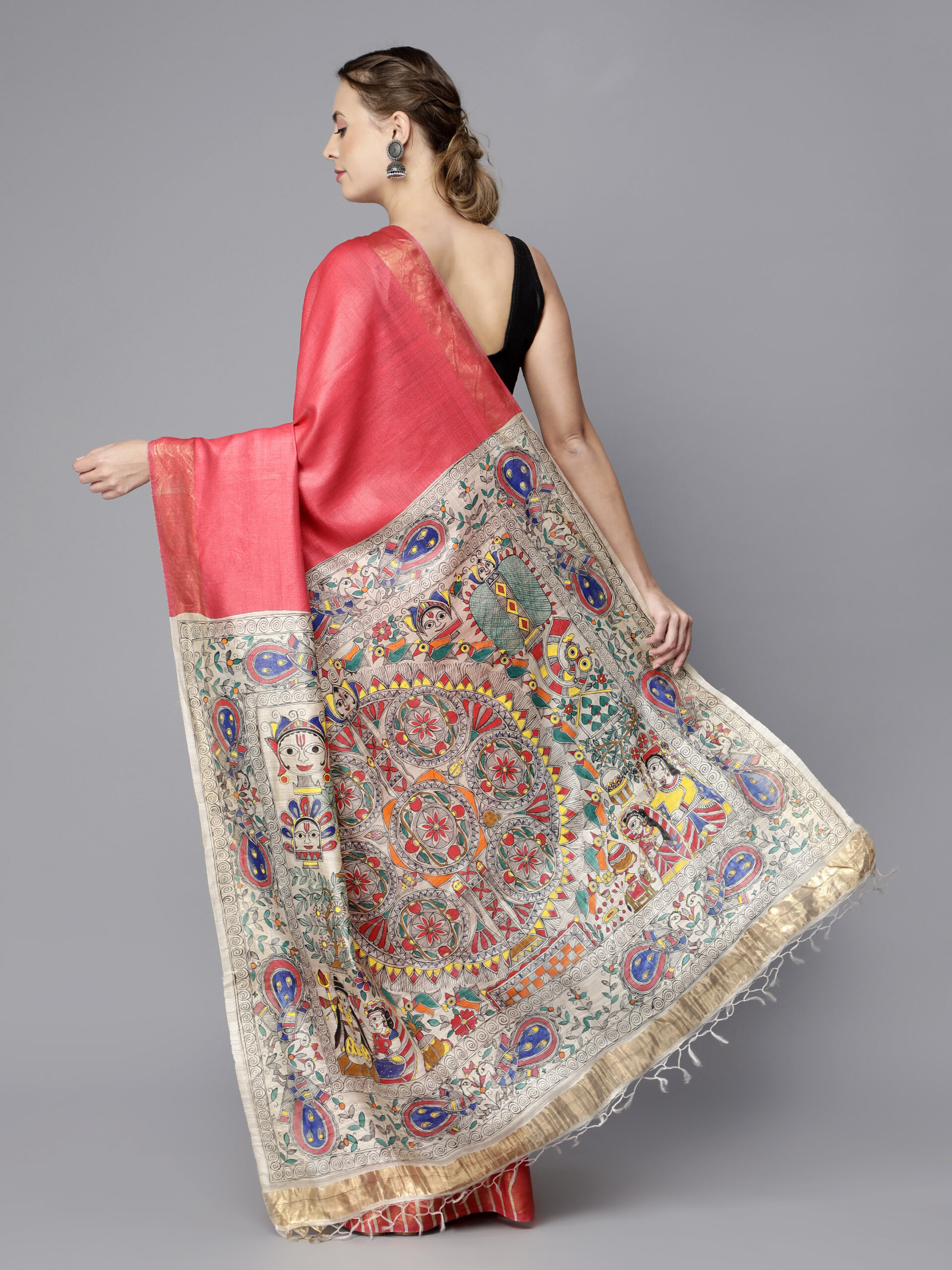 RED MADHUBANI PALLU SILK SAREE - Image 5