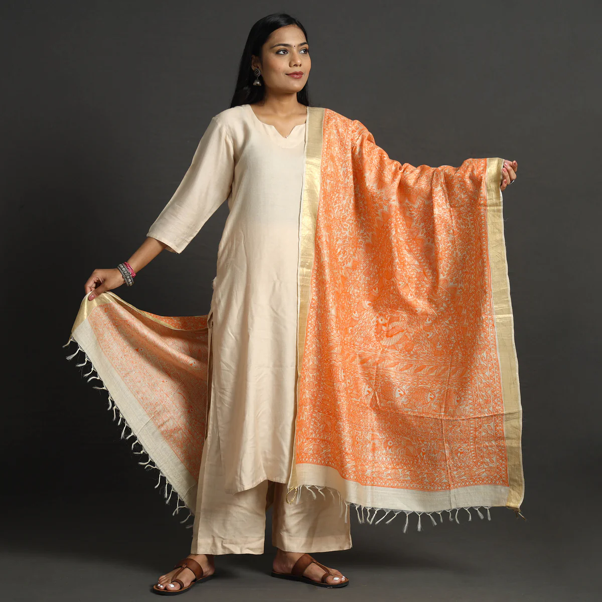 Beige Full Work Tussar Silk Hand-Painted Madhubani Dupatta - Image 9