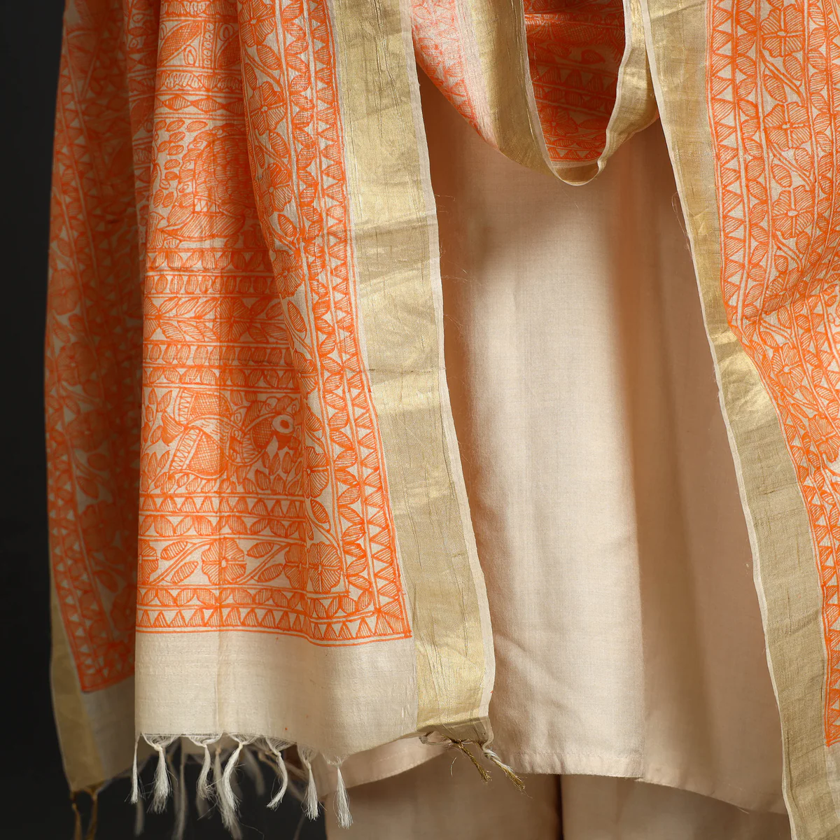 Beige Full Work Tussar Silk Hand-Painted Madhubani Dupatta - Image 7