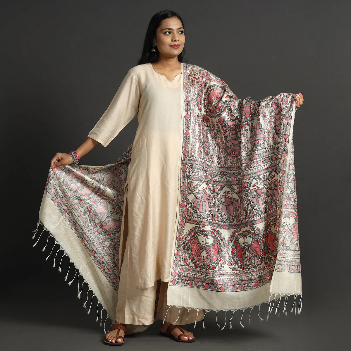 Beige Full Work Tussar Silk Hand-Painted Madhubani Dupatta - Image 5