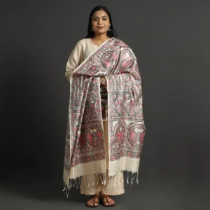Beige Full Work Tussar Silk Hand-Painted Madhubani Dupatta
