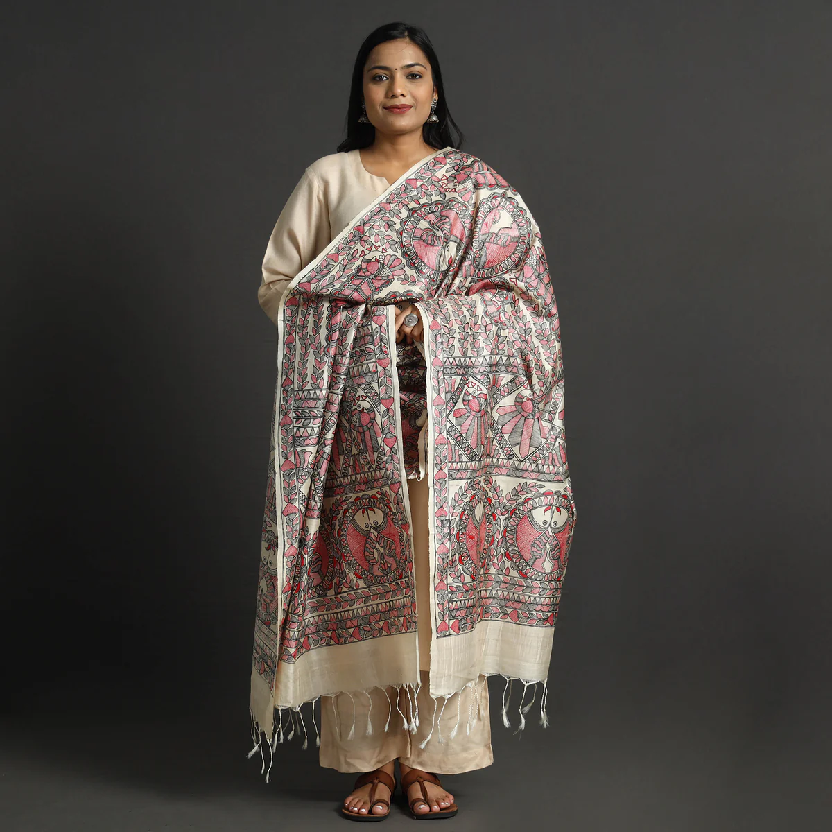 Beige Full Work Tussar Silk Hand-Painted Madhubani Dupatta