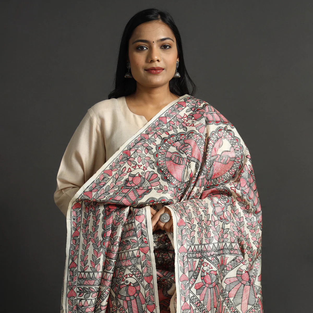 Beige Full Work Tussar Silk Hand-Painted Madhubani Dupatta - Image 2