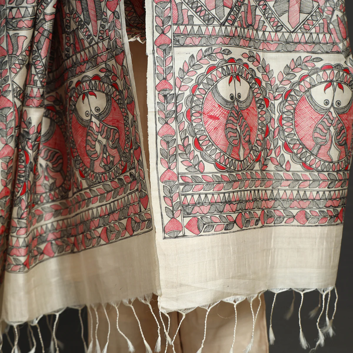 Beige Full Work Tussar Silk Hand-Painted Madhubani Dupatta - Image 3