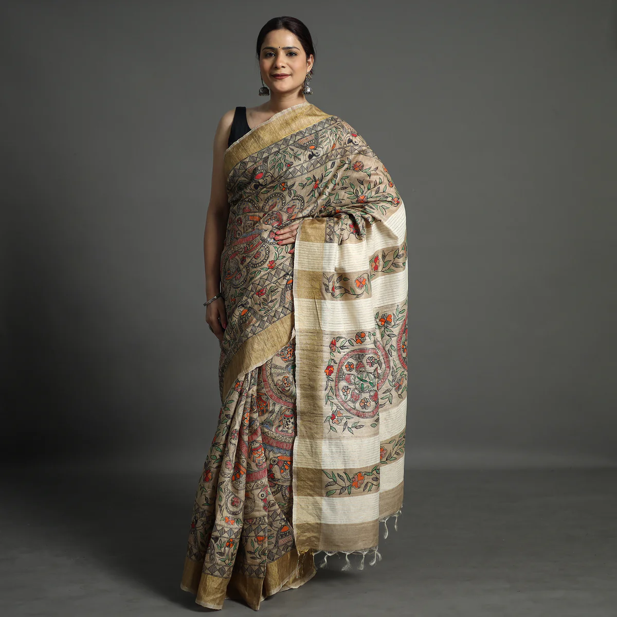 BEIGE MADHUBANI FULL WORK MULTICOLOR WORK TUSSER SILK SAREE