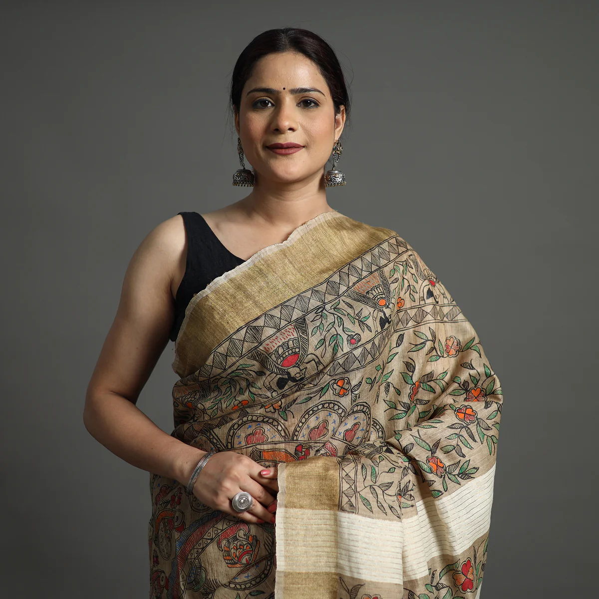 BEIGE MADHUBANI FULL WORK MULTICOLOR WORK TUSSER SILK SAREE - Image 4