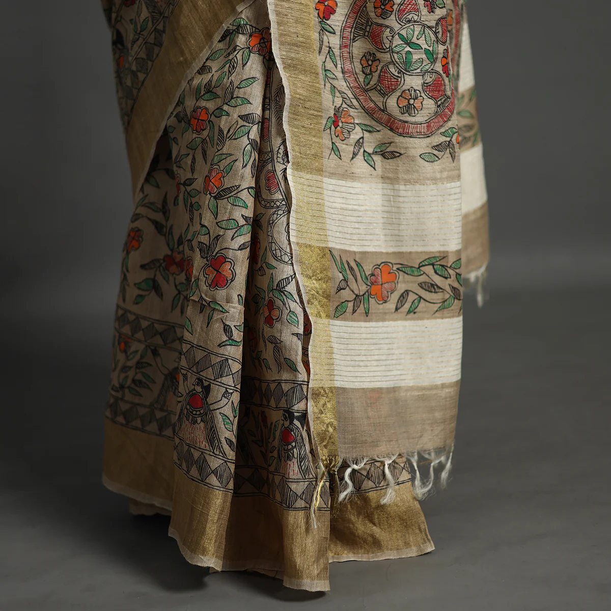BEIGE MADHUBANI FULL WORK MULTICOLOR WORK TUSSER SILK SAREE - Image 2