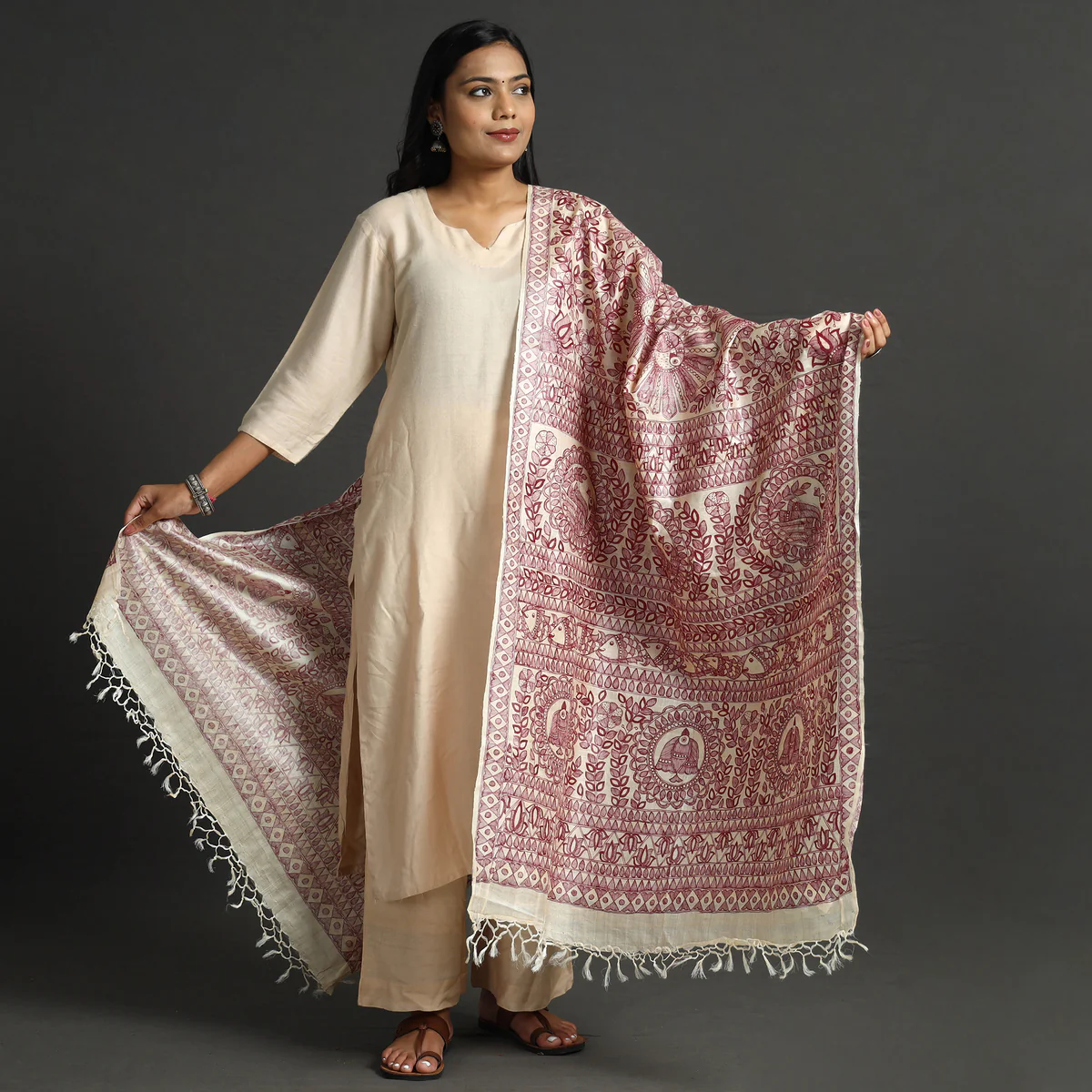 Beige Full Work Tussar Silk Hand-Painted Madhubani Dupatta - Image 5