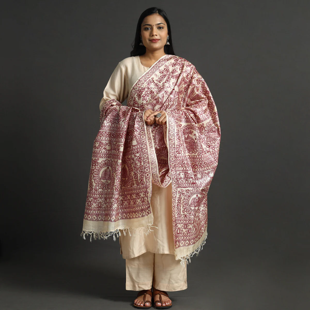 Beige Full Work Tussar Silk Hand-Painted Madhubani Dupatta