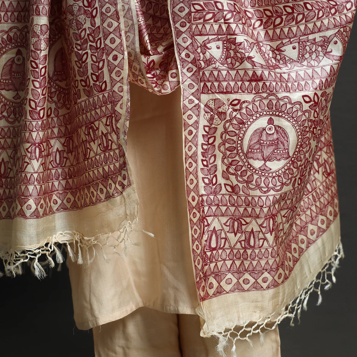 Beige Full Work Tussar Silk Hand-Painted Madhubani Dupatta - Image 3