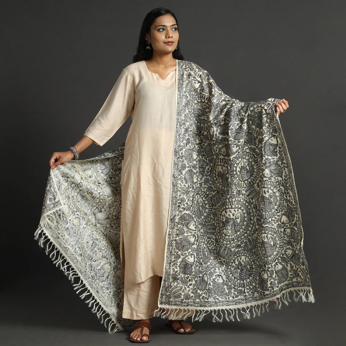 Beige Full Work Tussar Silk Hand-Painted Madhubani Dupatta - Image 5