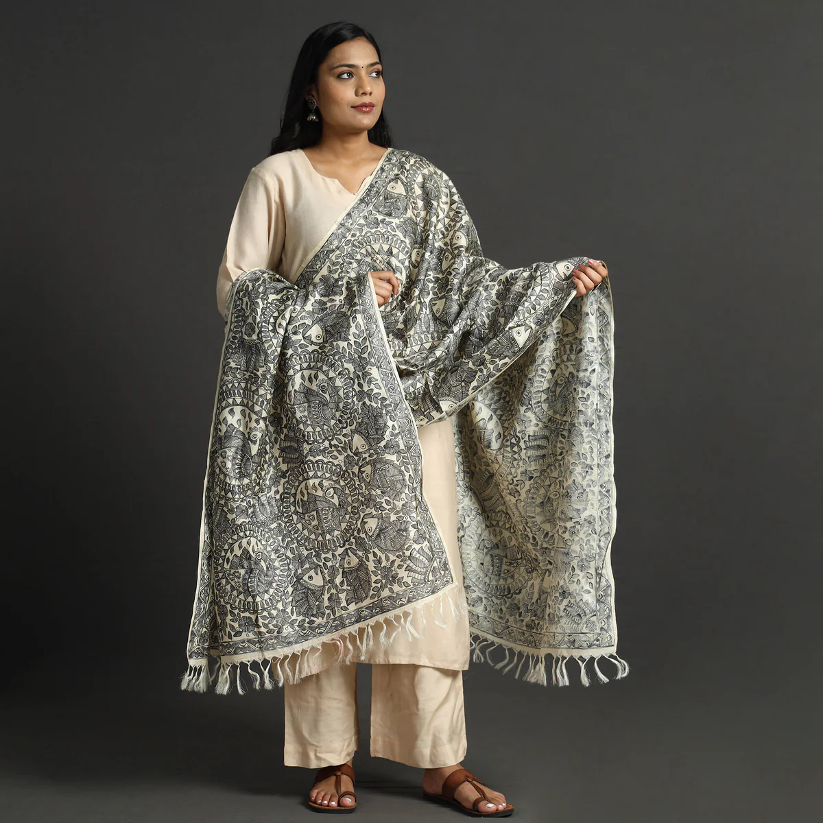 Beige Full Work Tussar Silk Hand-Painted Madhubani Dupatta - Image 4