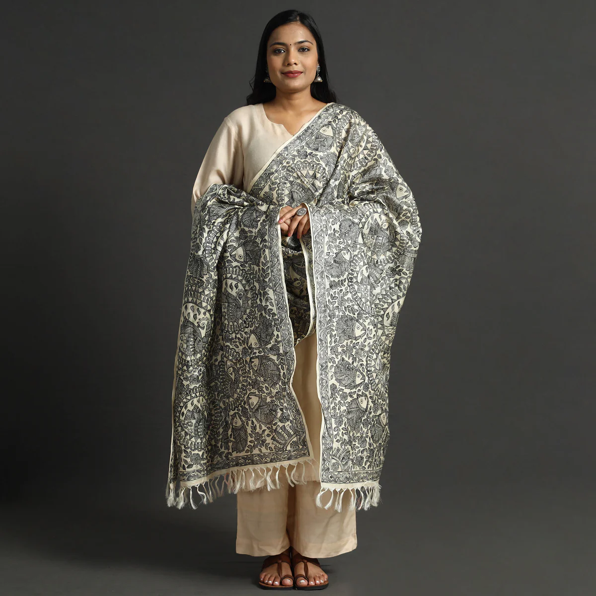 Beige Full Work Tussar Silk Hand-Painted Madhubani Dupatta