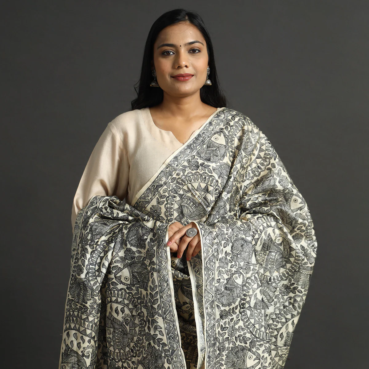 Beige Full Work Tussar Silk Hand-Painted Madhubani Dupatta - Image 2