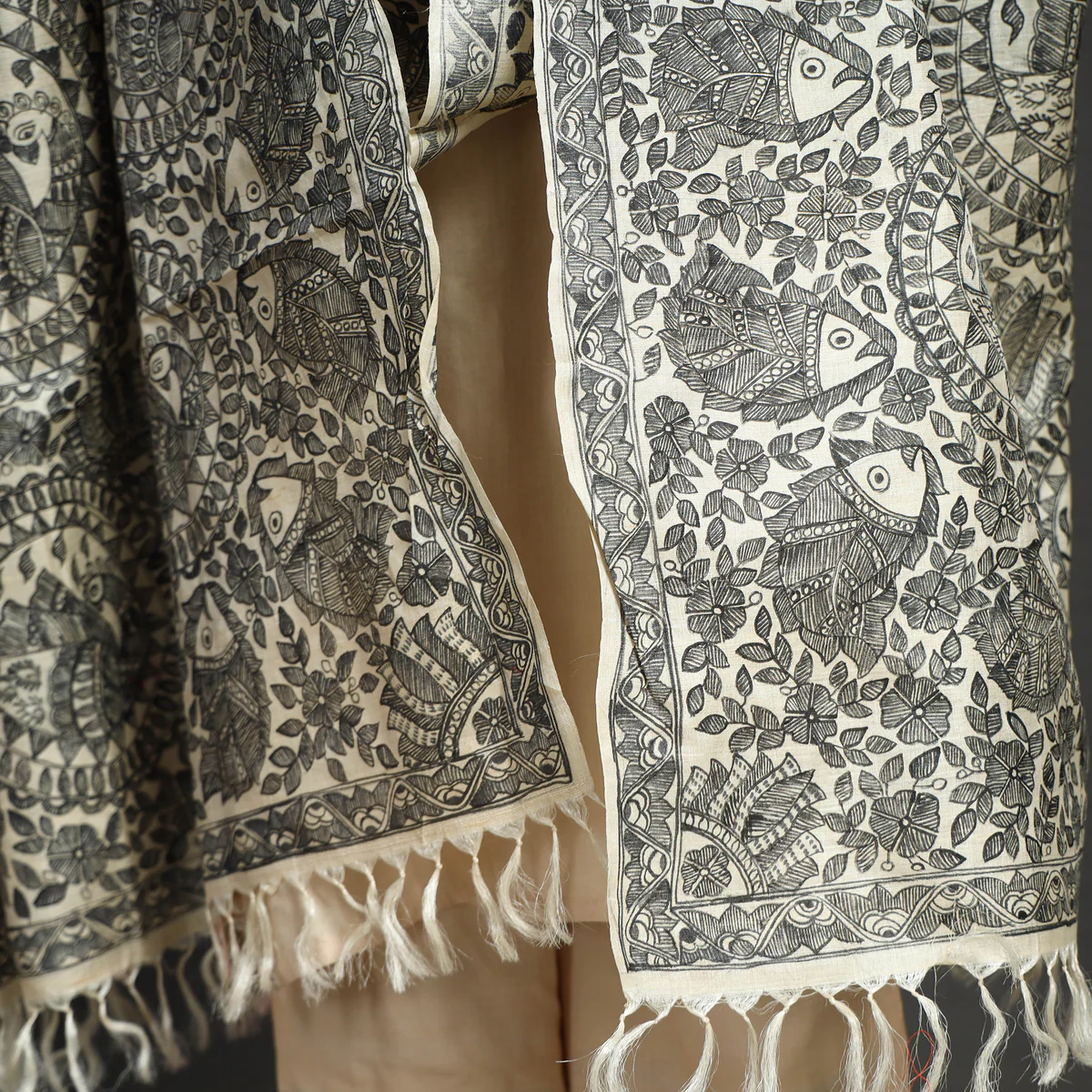 Beige Full Work Tussar Silk Hand-Painted Madhubani Dupatta - Image 3