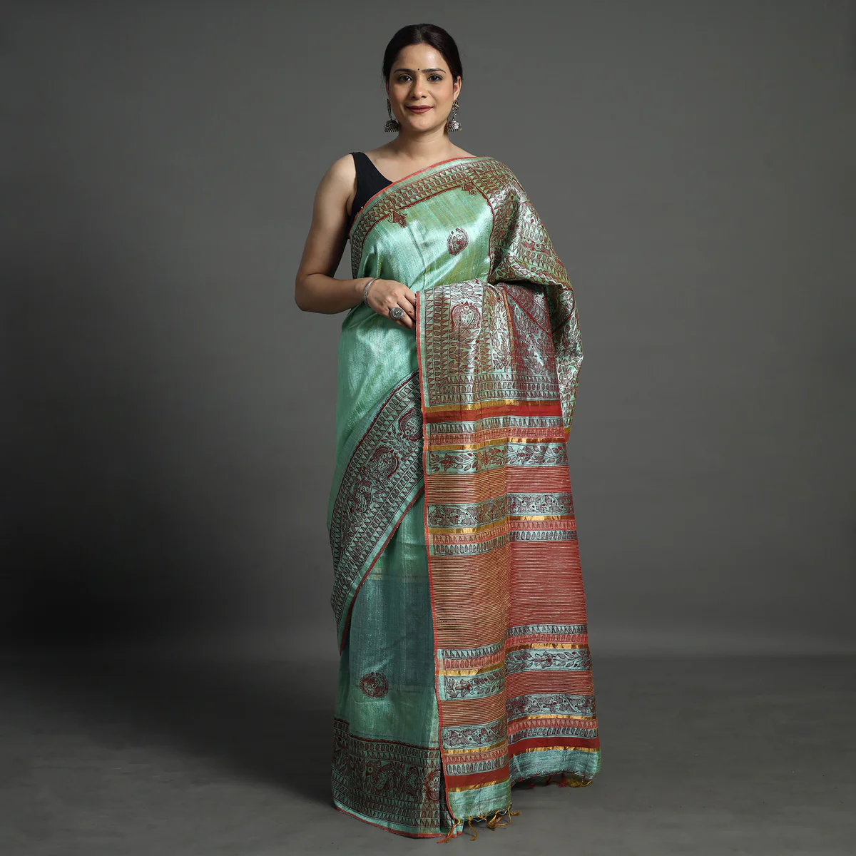 GREEN MADHUBANI SILK SAREE - Image 31