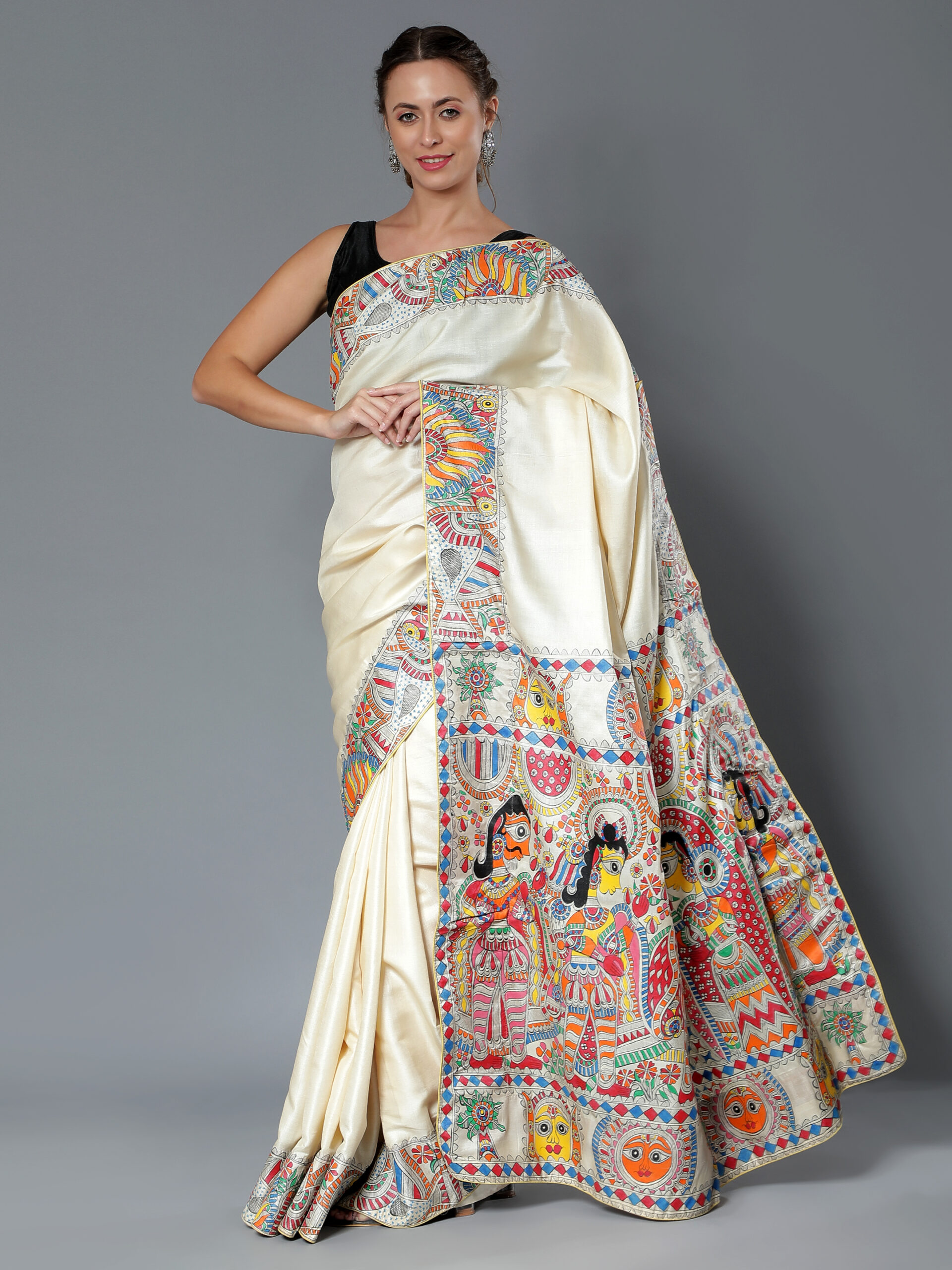 Cream Multicolor Ram Vivah Tussar Silk Saree - Image 2