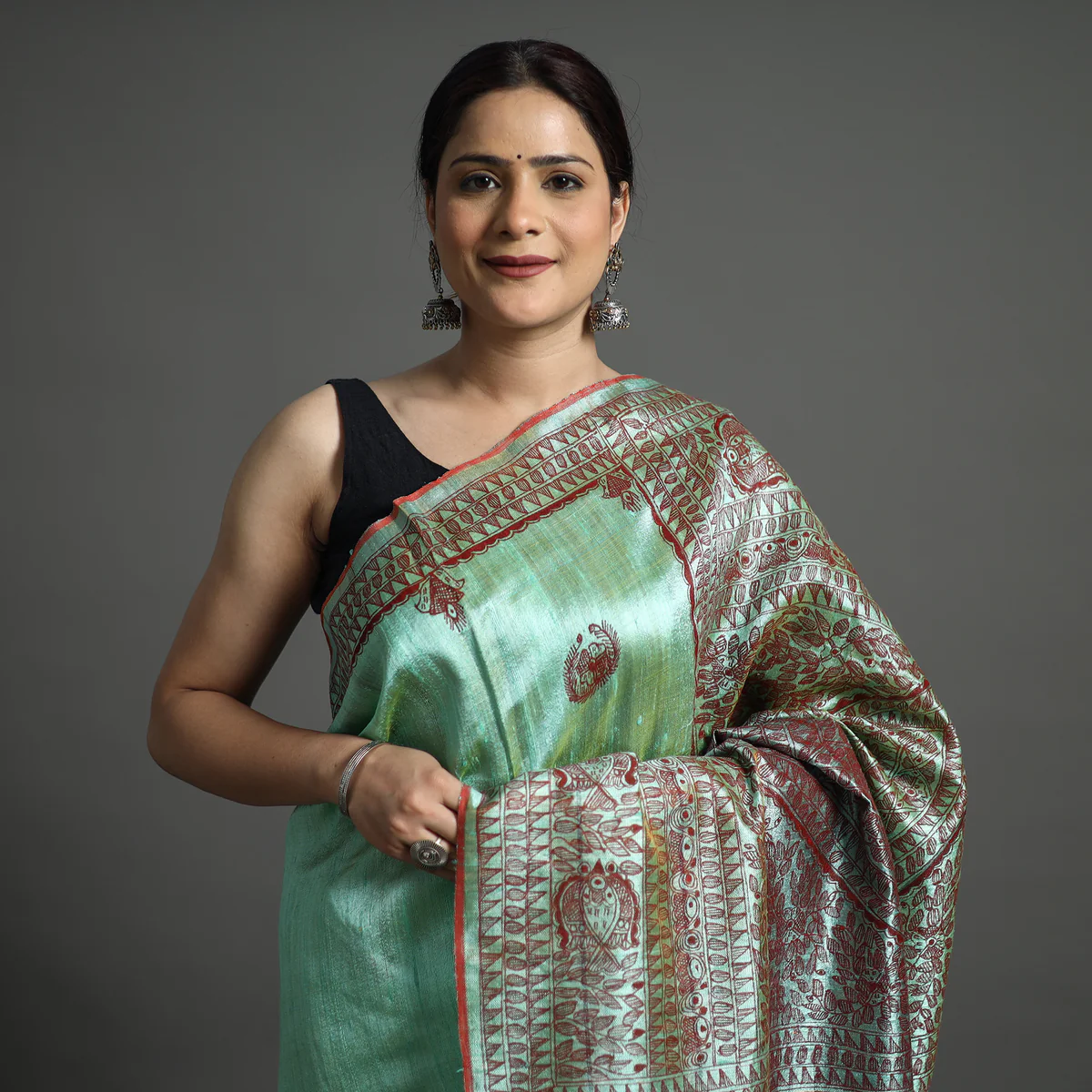 GREEN MADHUBANI SILK SAREE - Image 29
