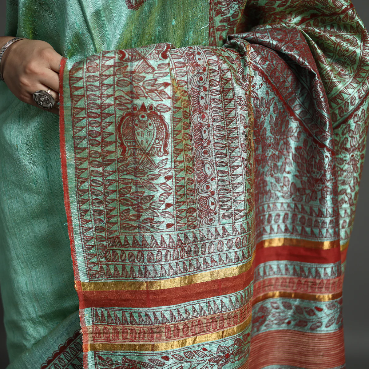 GREEN MADHUBANI SILK SAREE - Image 4