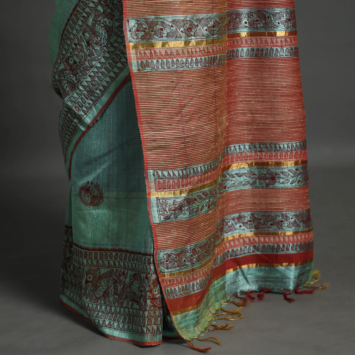 GREEN MADHUBANI SILK SAREE - Image 3