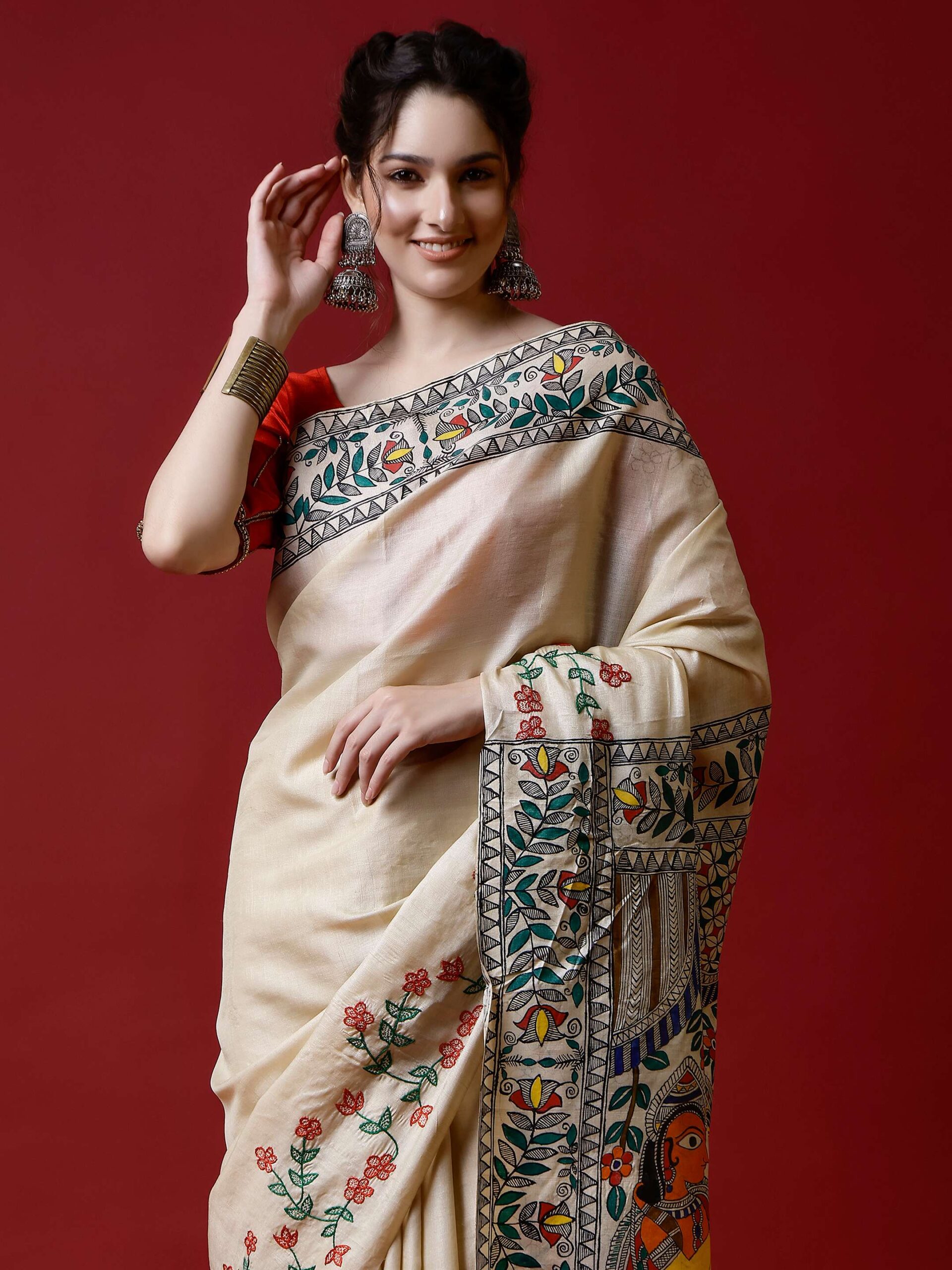 BEIGE MADHUBANI RAM DARBAR TUSSER SILK SAREE - Image 5