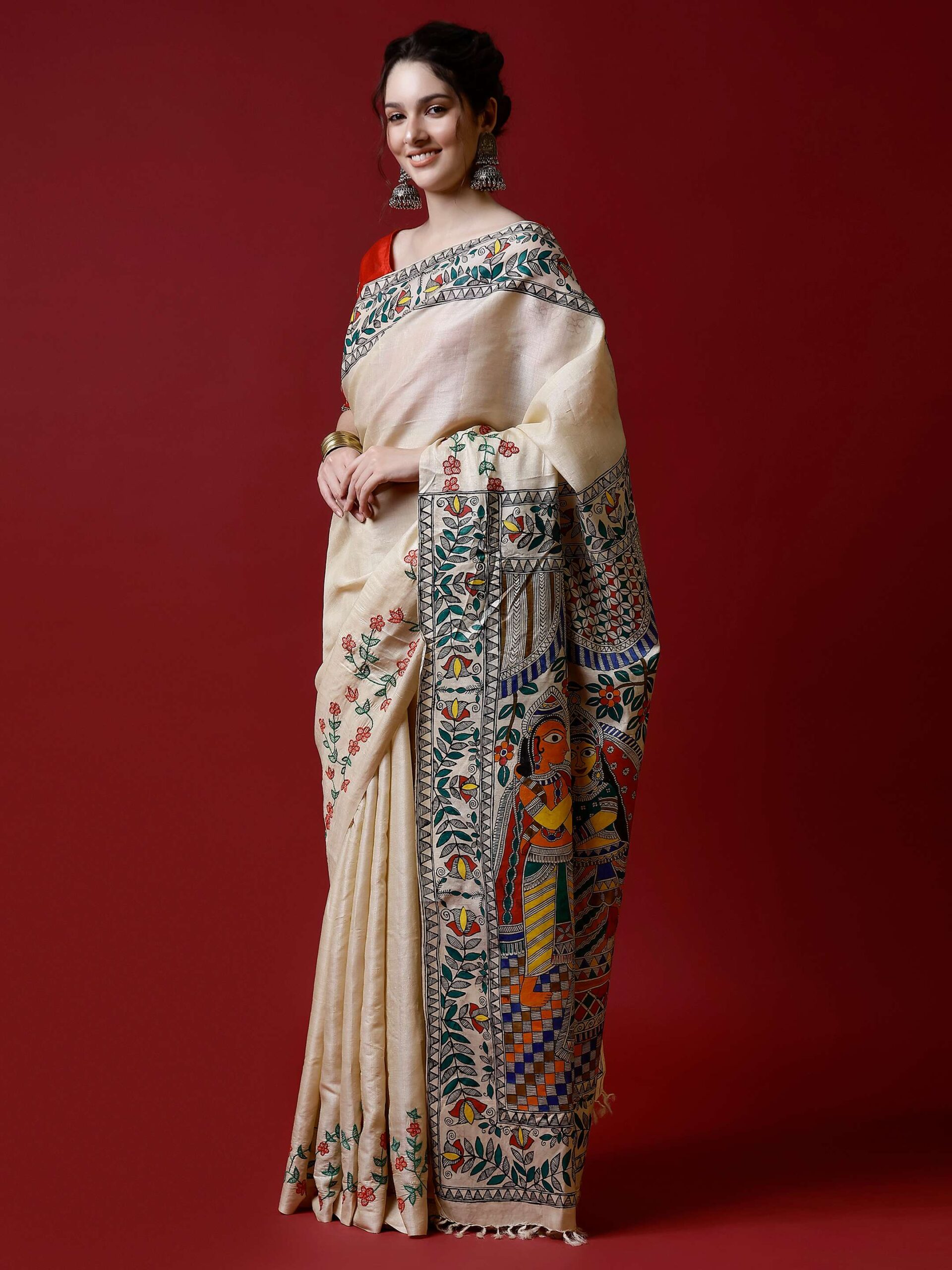 BEIGE MADHUBANI RAM DARBAR TUSSER SILK SAREE - Image 4