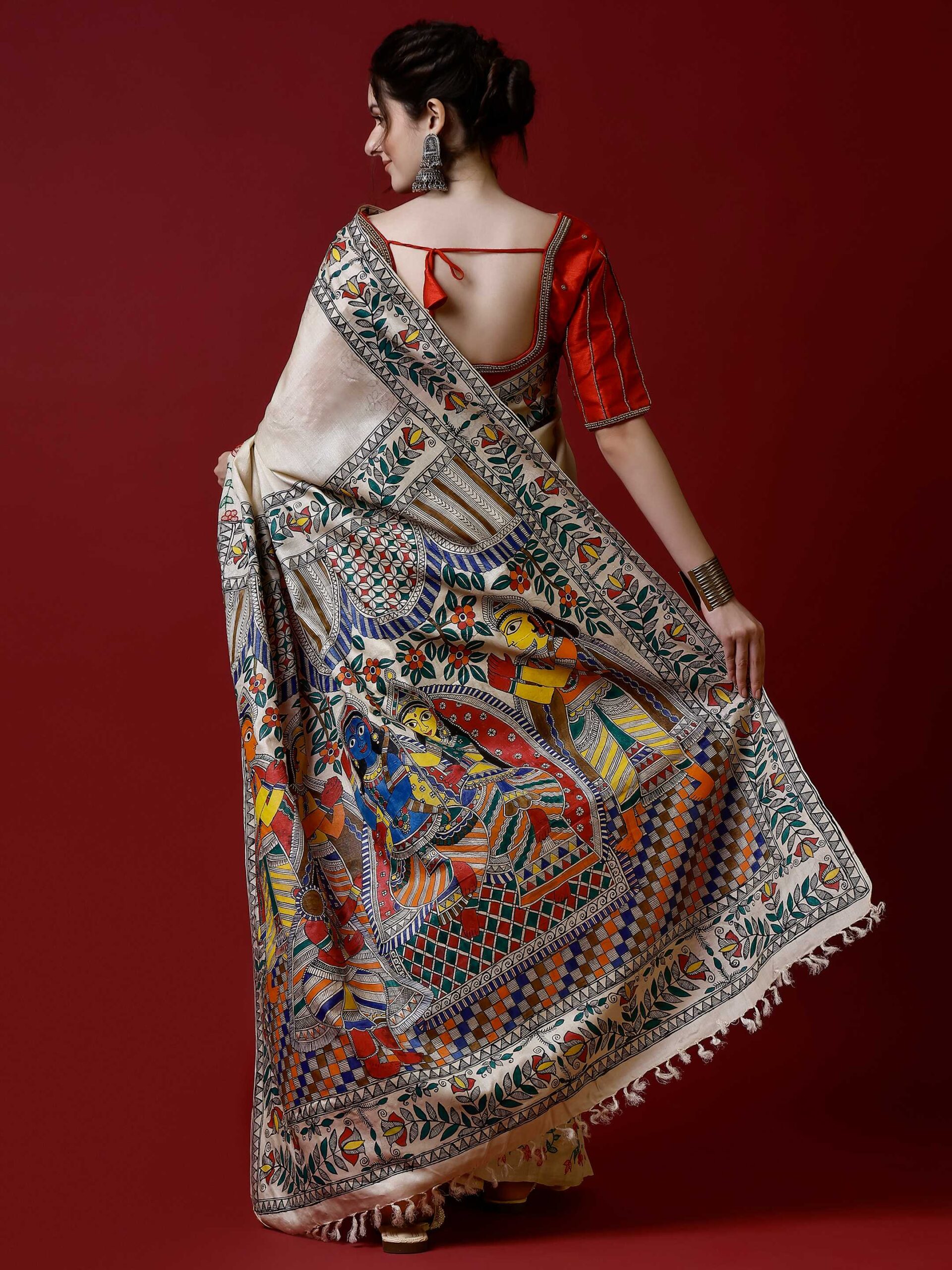 BEIGE MADHUBANI RAM DARBAR TUSSER SILK SAREE - Image 3