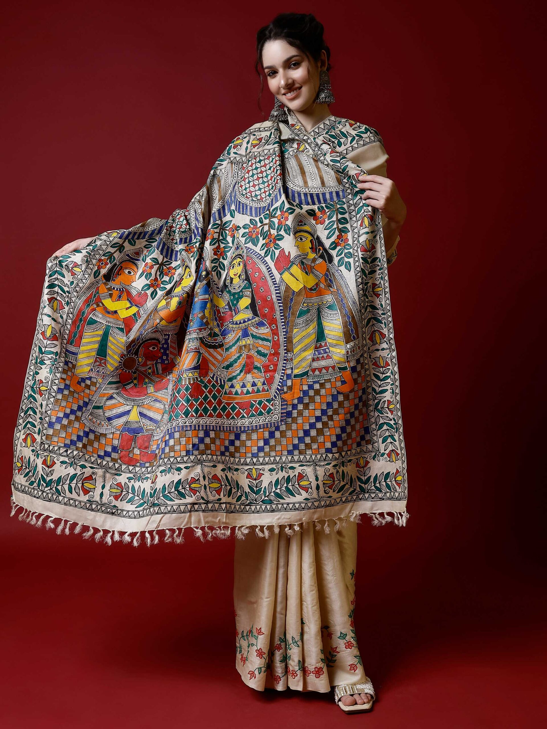 BEIGE MADHUBANI RAM DARBAR TUSSER SILK SAREE