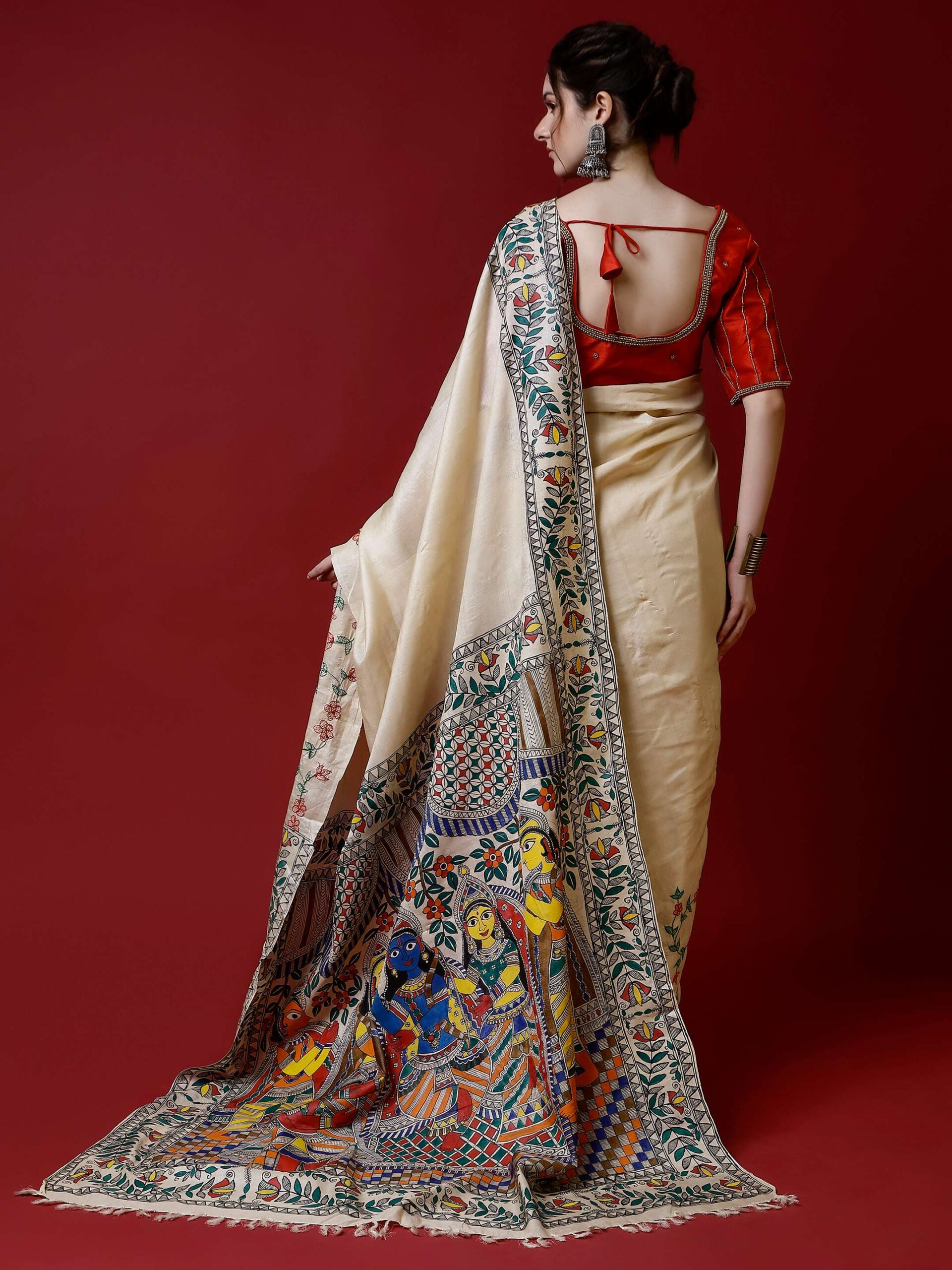 BEIGE MADHUBANI RAM DARBAR TUSSER SILK SAREE - Image 2