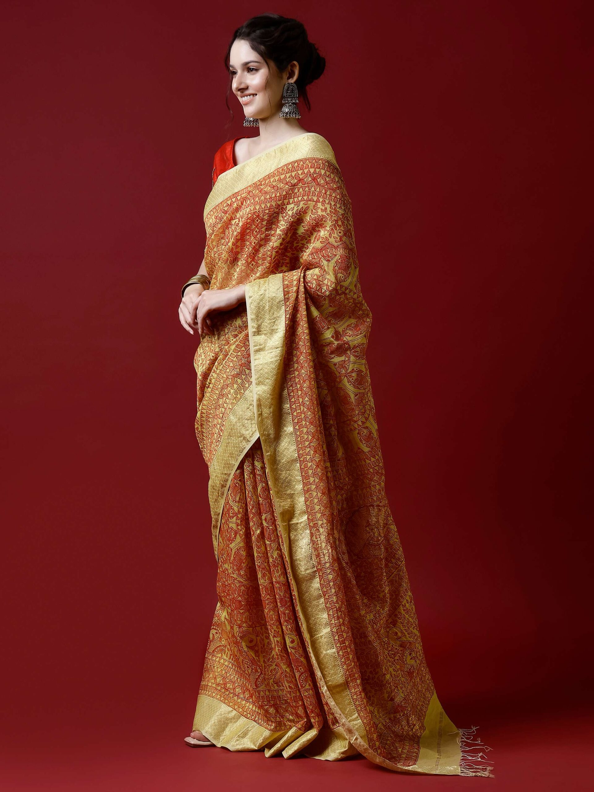 MUSTRED MADHUBANI FULL WORK CHANDERI SILK SAREE - Image 4