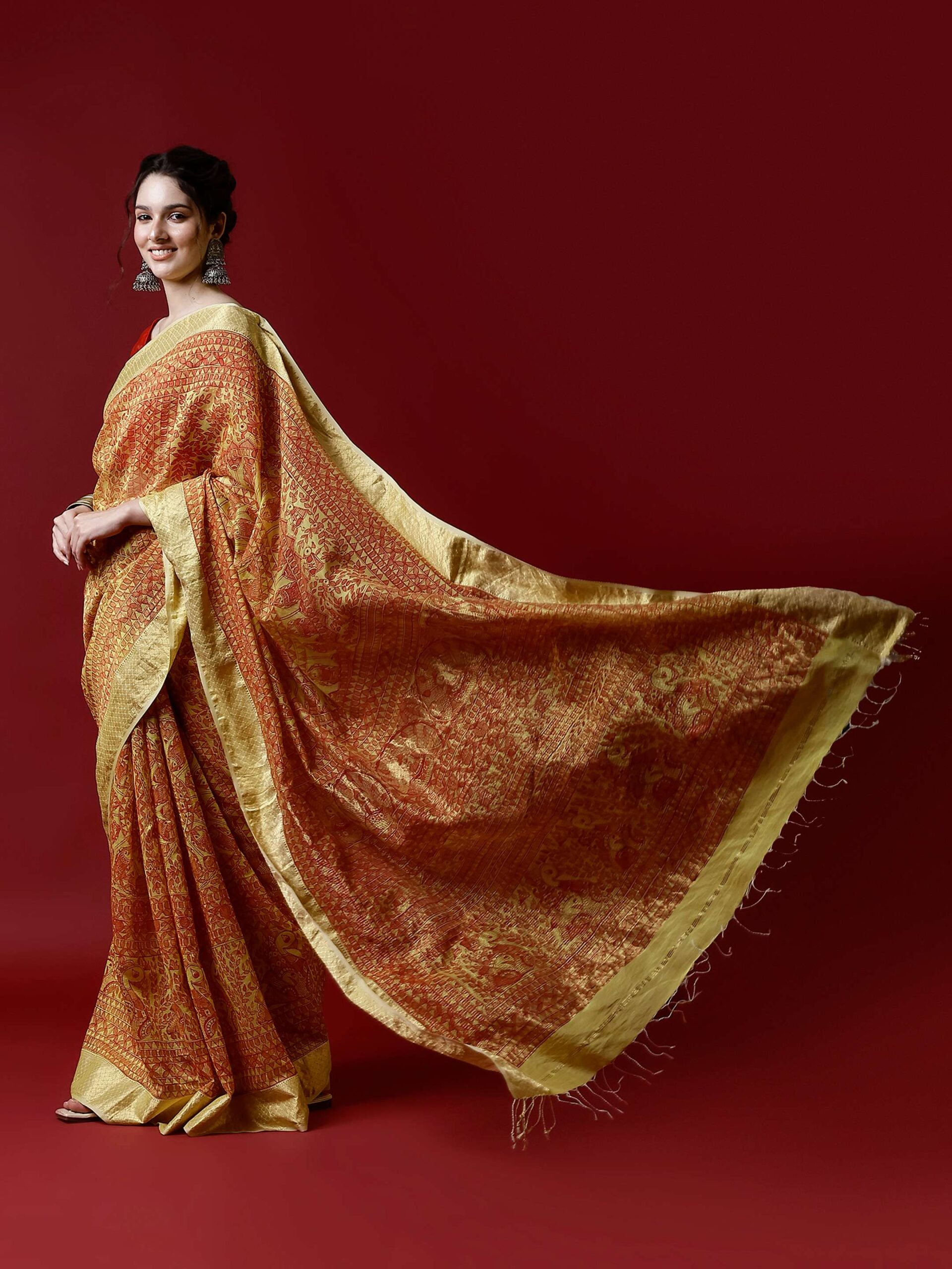 MUSTRED MADHUBANI FULL WORK CHANDERI SILK SAREE