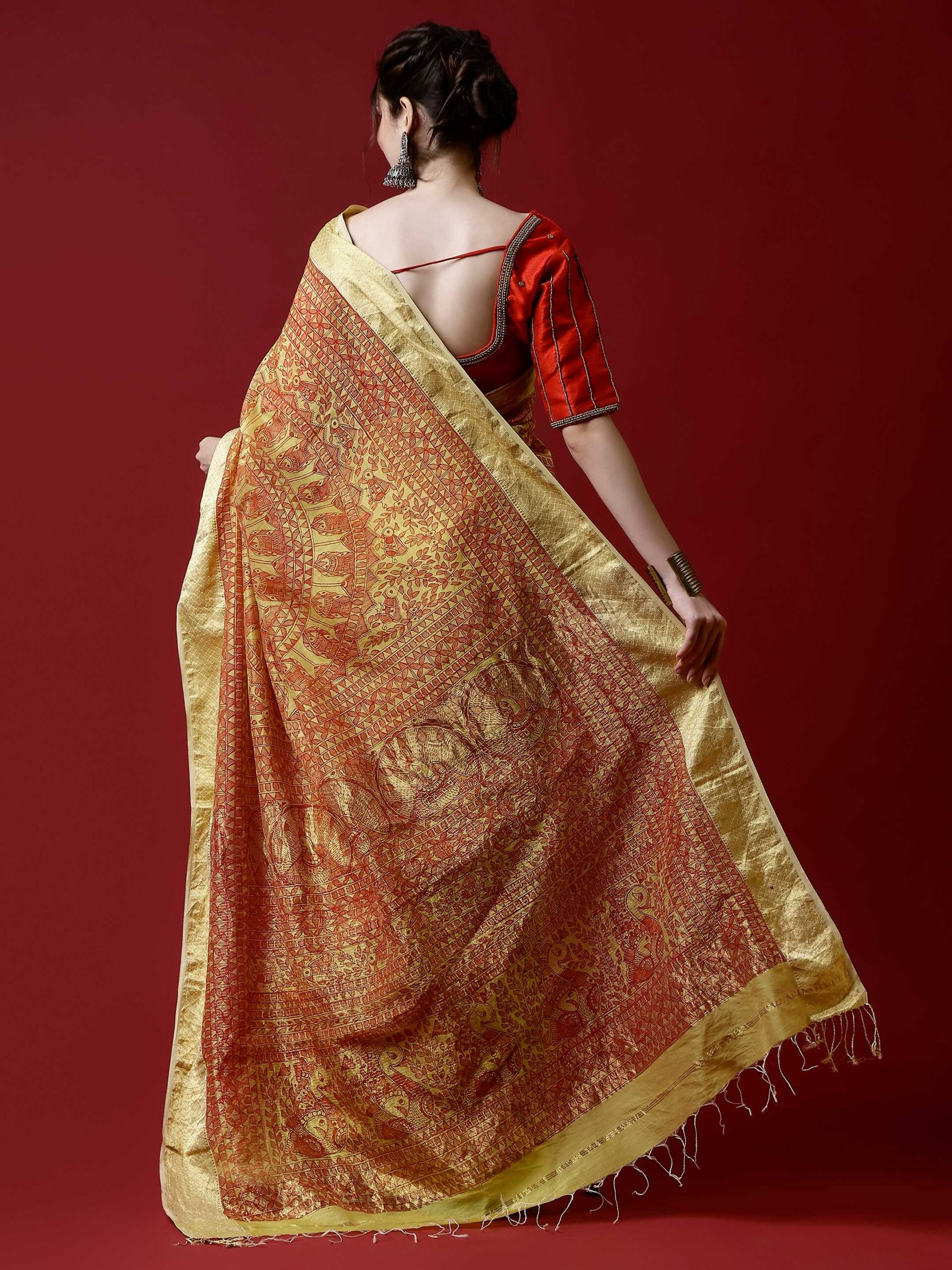 MUSTRED MADHUBANI FULL WORK CHANDERI SILK SAREE - Image 3