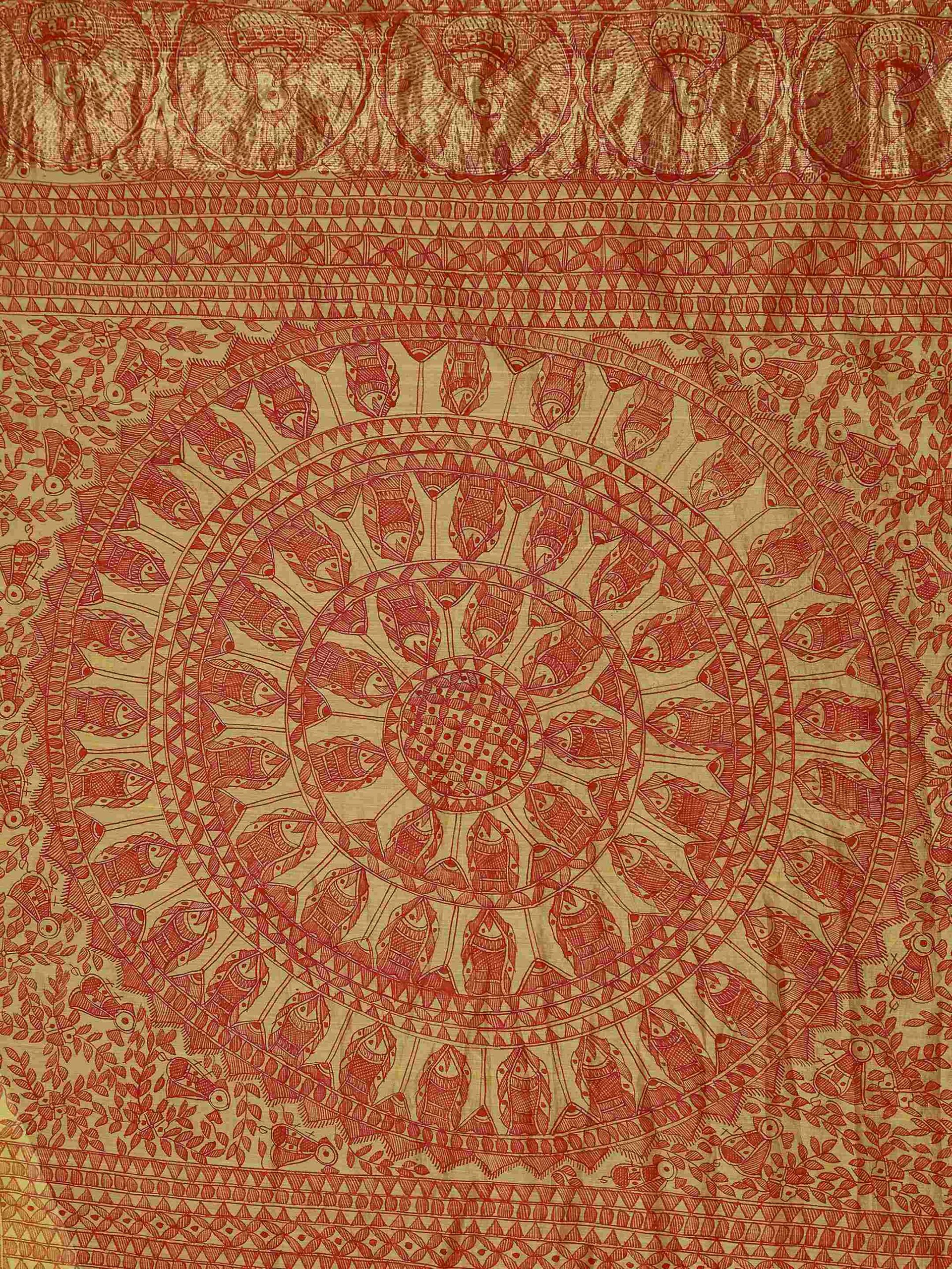 MUSTRED MADHUBANI FULL WORK CHANDERI SILK SAREE - Image 5