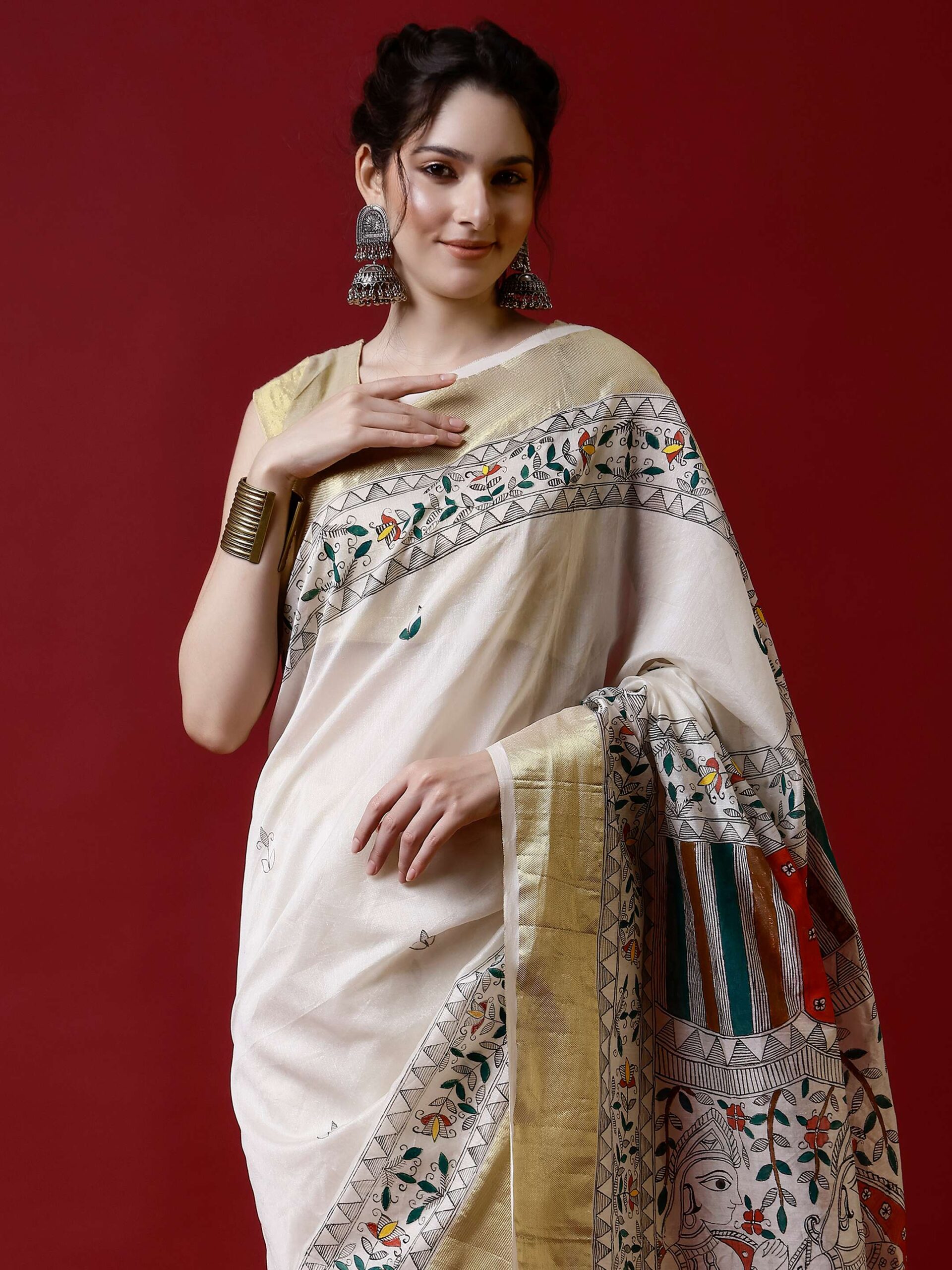Natural Multicolor Cotton Madhubani Saree - Image 4