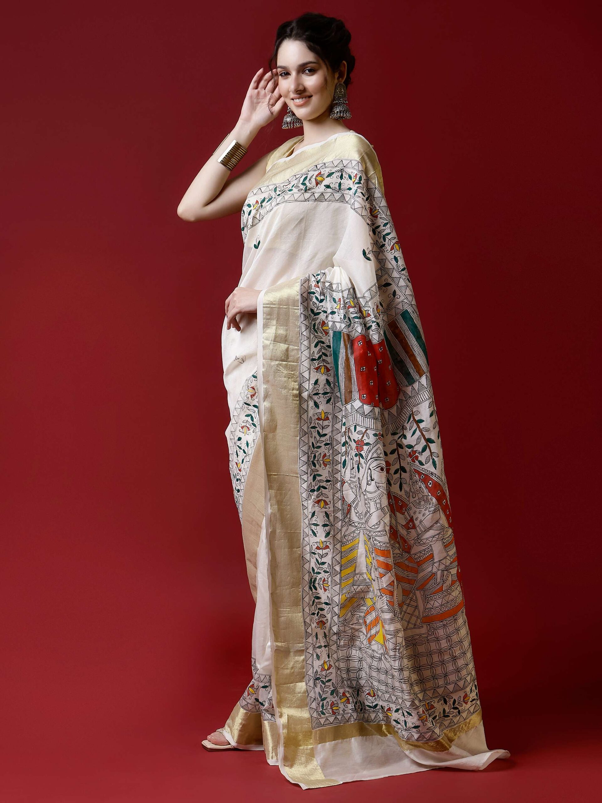 Natural Multicolor Cotton Madhubani Saree - Image 3