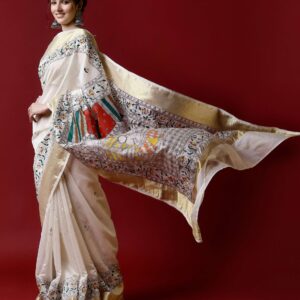 Natural Multicolor Cotton Madhubani Saree