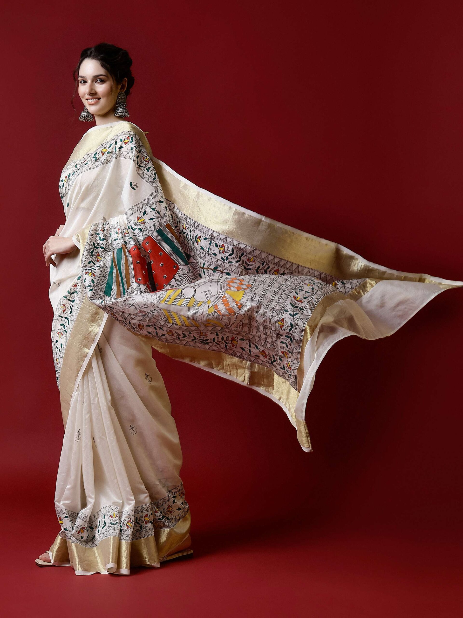 Natural Multicolor Cotton Madhubani Saree