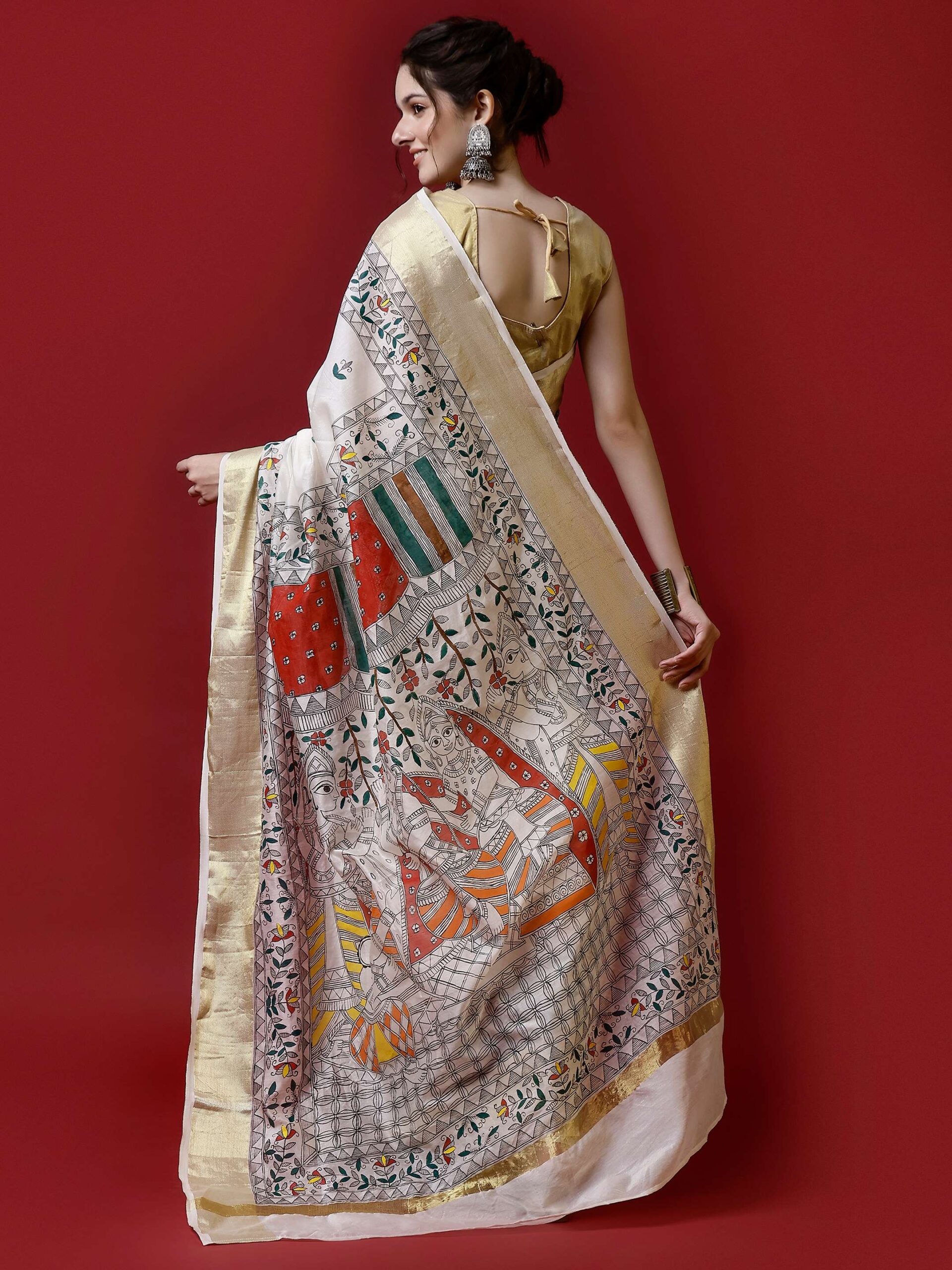 Natural Multicolor Cotton Madhubani Saree - Image 2