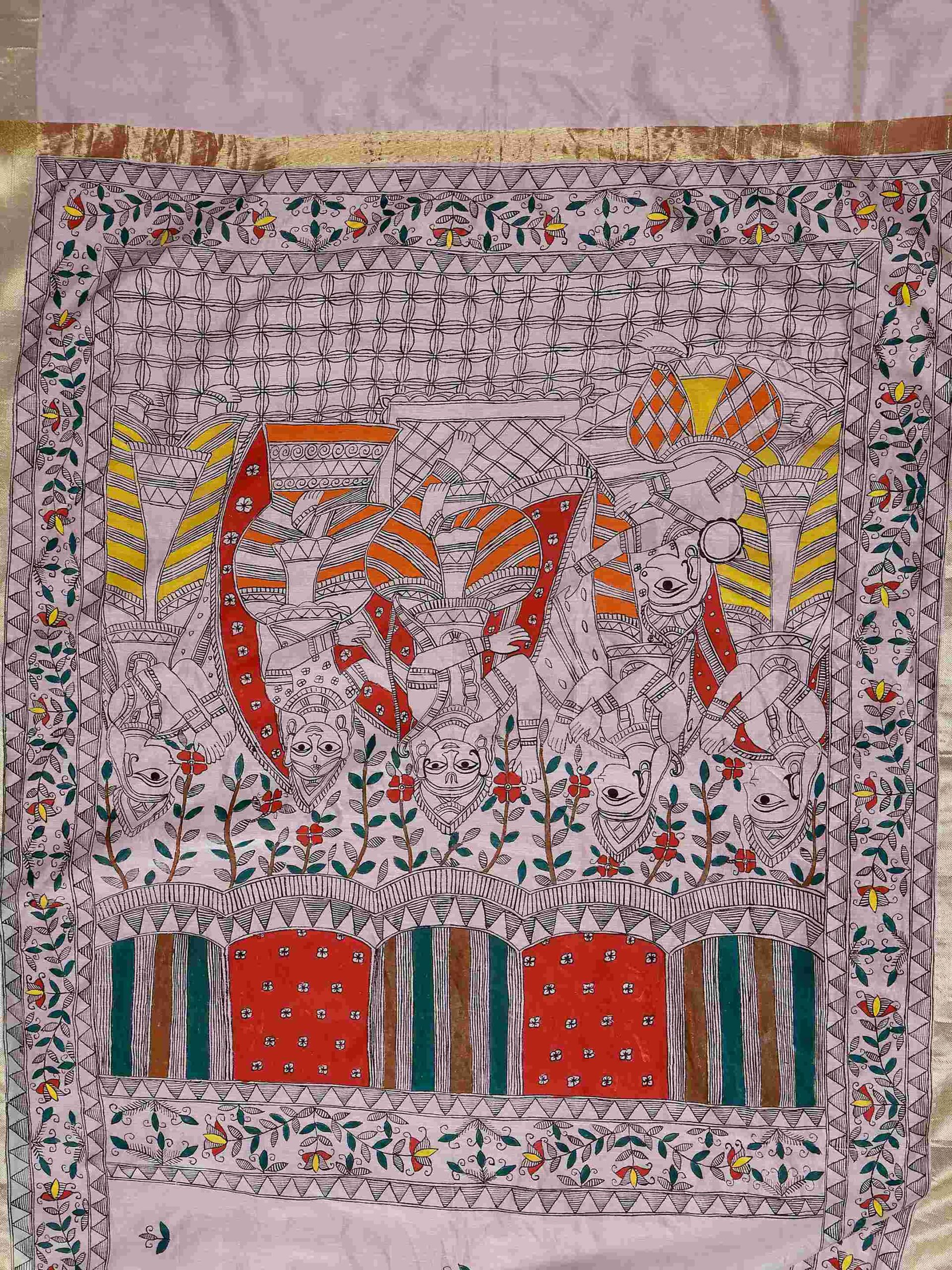 Natural Multicolor Cotton Madhubani Saree - Image 6